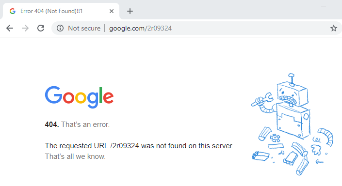 Error 404 (Not Found) example on Google