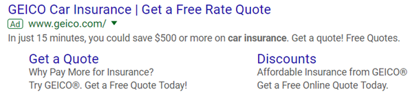 Example of a paid text ad from Geico Insurance for a Free Rate Quote. The ad includes a headline and description for Geico indicating that it only takes 15 mins to get the quote and indicating that a quote is free.