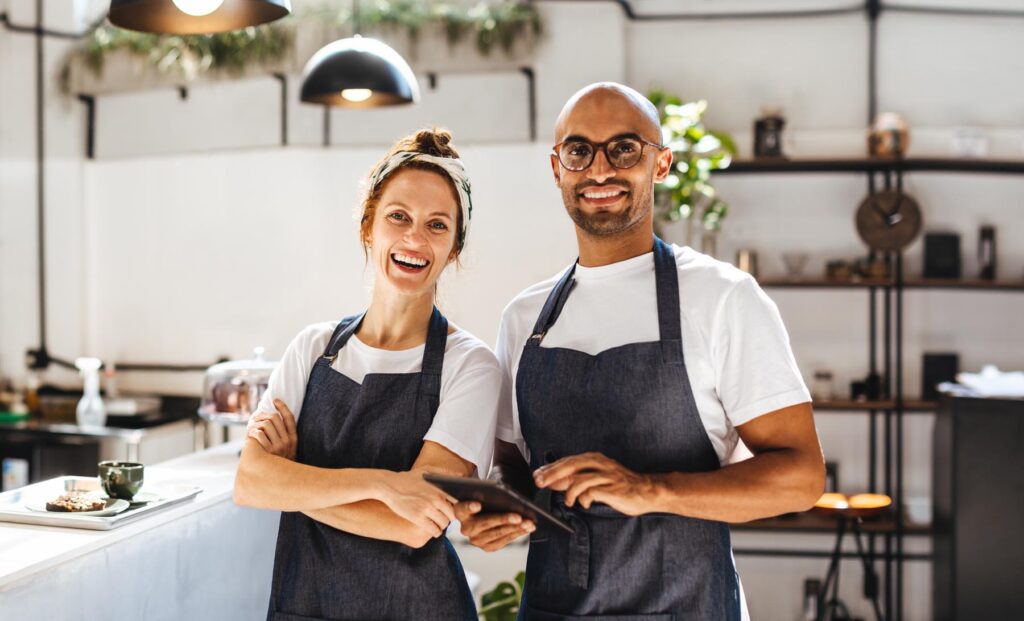 two small business owners in aprons looking at the camera after learning how to market a small business