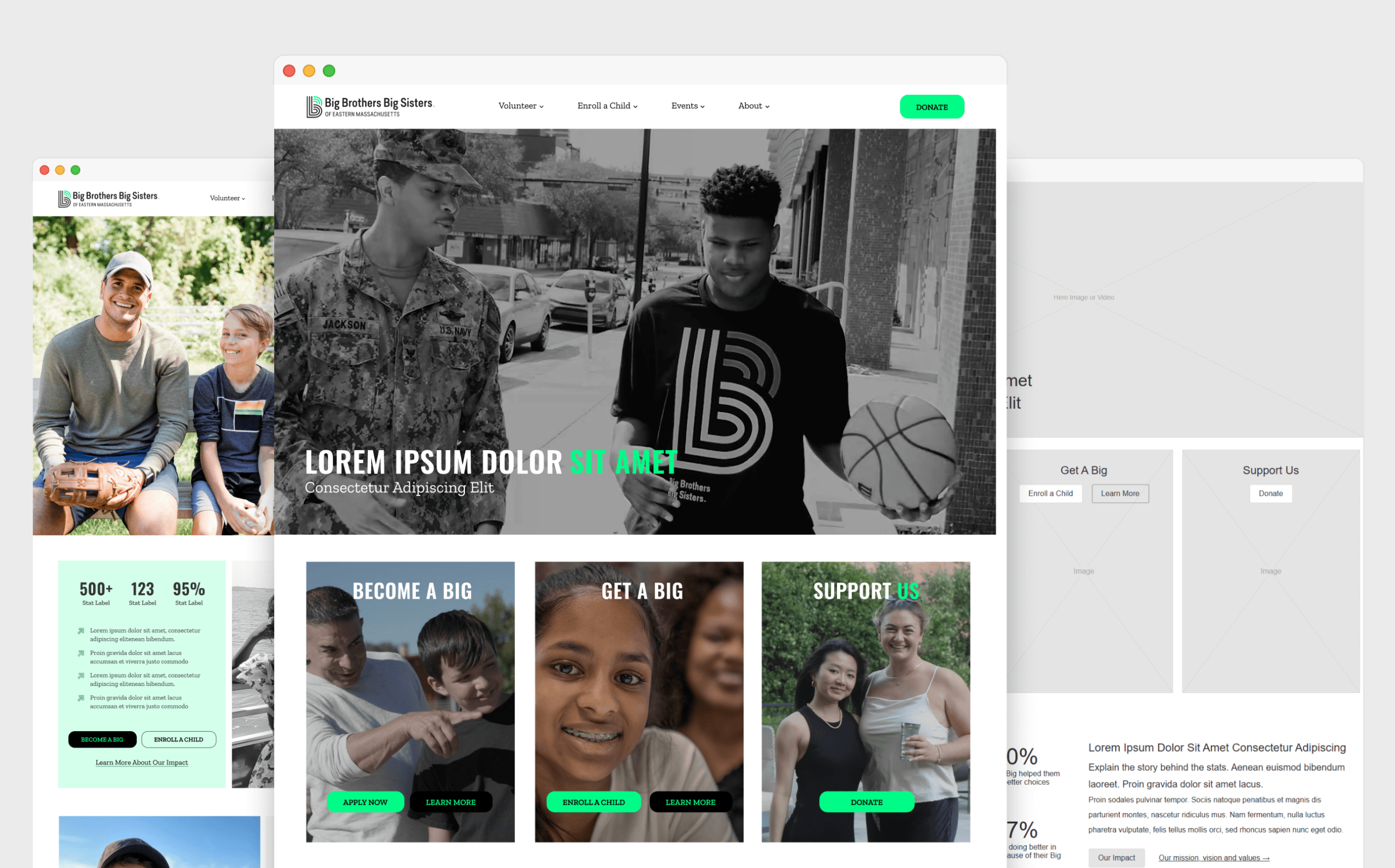 Desktop website design comps and wireframe for Big Brothers Big Sisters of Eastern Massachusetts. The primary comp shows the homepage hero with a black-and-white photo of a U.S. Navy mentor and a teenage boy holding a basketball on a city sidewalk, alongside call-to-action panels for "Become a Big," "Get a Big," and "Support Us," each with candid photos of mentor-mentee pairs. A second comp shows a closer view of the homepage featuring a smiling adult male mentor seated outdoors with a young boy wearing a baseball glove. A low-fidelity wireframe is visible to the right, showing the structural layout of the hero and supporting content sections.