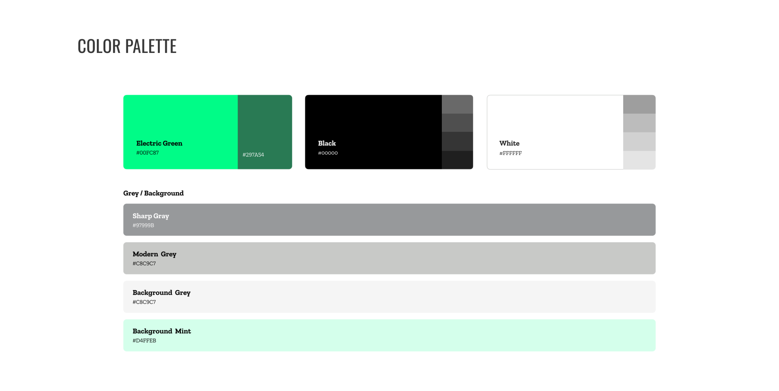 Color palette for the Big Brothers Big Sisters of Eastern Massachusetts website, showing seven brand colors. Primary colors include Electric Green (#00FC87), Dark Green (#297A54), and Black (#000000), each displayed as swatches with tonal variations. Secondary colors shown as full-width bars include Sharp Gray (#97999B), Modern Grey (#C8C9C7), Background Grey (#C8C9C7), and Background Mint (#D4FFEB).