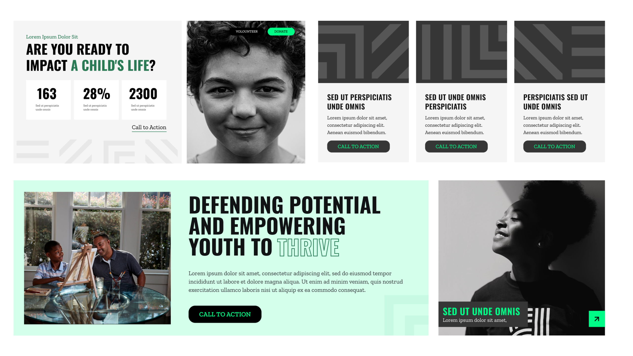 A collection of desktop website design comps for Big Brothers Big Sisters of Eastern Massachusetts, showcasing multiple page sections and components. Includes a statistics block with impact numbers, a close-up black-and-white portrait of a smiling youth, a three-column card layout with geometric patterned imagery, a mint-green mission section with the headline "Defending Potential and Empowering Youth to Thrive" alongside a photo of an adult mentor and child painting together, and a black-and-white portrait of a young woman looking upward.