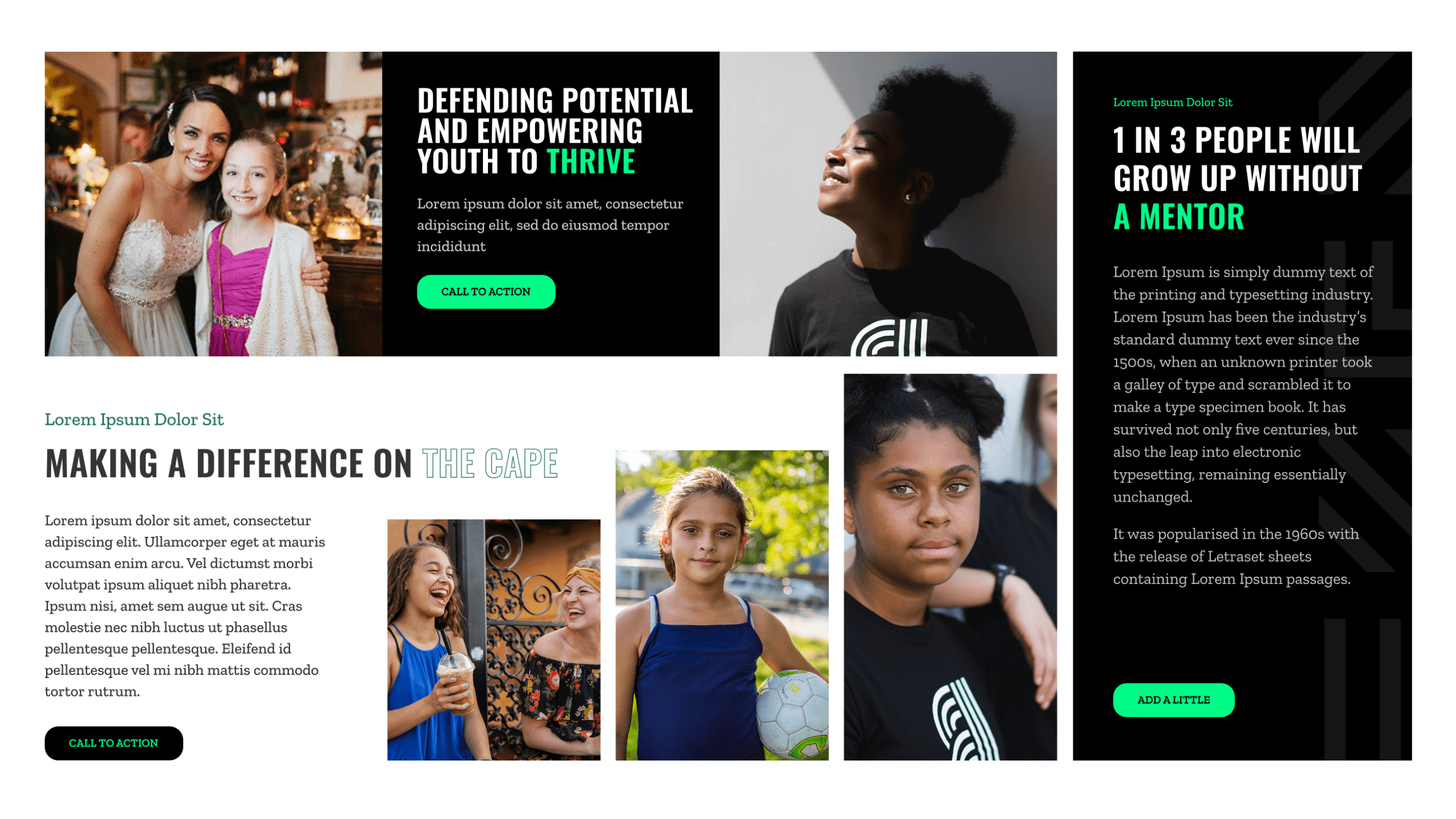Desktop website design comps for Big Brothers Big Sisters of Eastern Massachusetts showing multiple page sections. Includes a mission banner with a photo of a female mentor and young girl at a formal event alongside the headline "Defending Potential and Empowering Youth to Thrive," a black-and-white portrait of a young woman looking upward, a dark-background statistics section with the headline "1 in 3 People Will Grow Up Without a Mentor," a regional section headlined "Making a Difference on the Cape" with three candid photos of young girls including one laughing outdoors, one holding a soccer ball, and one in a close-up portrait.