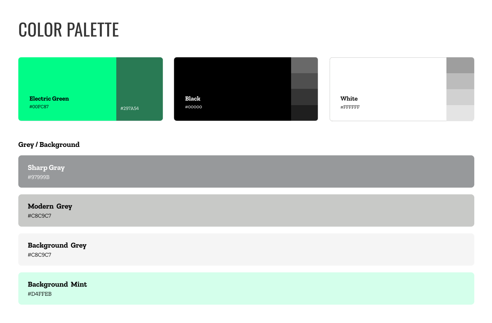Color palette for the Big Brothers Big Sisters of Eastern Massachusetts website, showing seven brand colors. Primary colors include Electric Green (#00FC87), Dark Green (#297A54), and Black (#000000), each displayed as swatches with tonal variations. Secondary colors shown as full-width bars include Sharp Gray (#97999B), Modern Grey (#C8C9C7), Background Grey (#C8C9C7), and Background Mint (#D4FFEB).