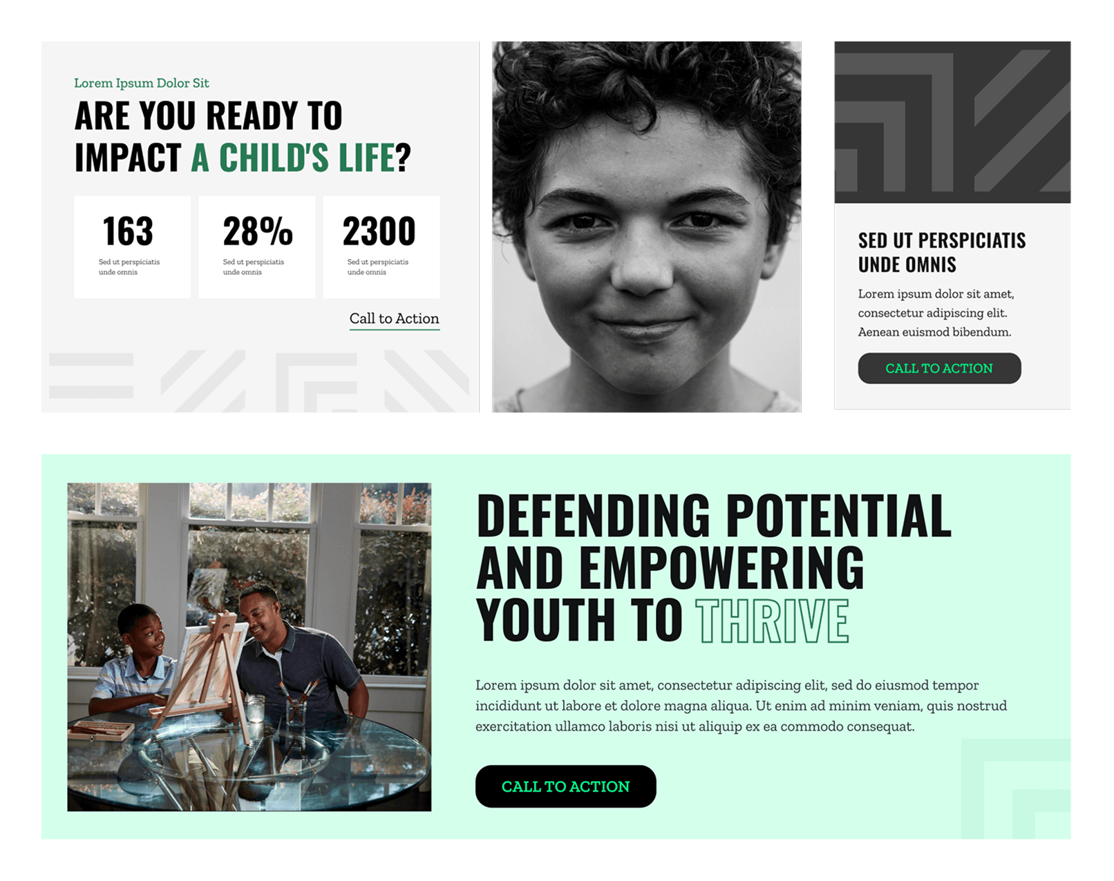A collection of desktop website design comps for Big Brothers Big Sisters of Eastern Massachusetts, showcasing multiple page sections and components. Includes a statistics block with impact numbers, a close-up black-and-white portrait of a smiling youth, a three-column card layout with geometric patterned imagery, a mint-green mission section with the headline "Defending Potential and Empowering Youth to Thrive" alongside a photo of an adult mentor and child painting together.