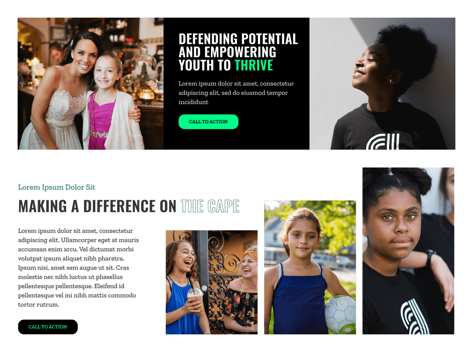 Desktop website design comps for Big Brothers Big Sisters of Eastern Massachusetts showing multiple page sections. Includes a mission banner with a photo of a female mentor and young girl at a formal event alongside the headline "Defending Potential and Empowering Youth to Thrive," a black-and-white portrait of a young woman looking upward, a regional section headlined "Making a Difference on the Cape" with three candid photos of young girls including one laughing outdoors, one holding a soccer ball, and one in a close-up portrait.